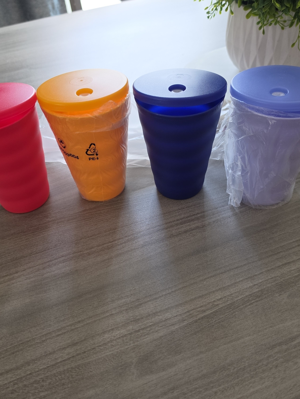 Tupperware Impressions Tumblers, 16oz with straw hole lid.